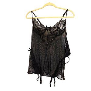 Shirley Of Hollywood Black Lace Bustier Set With Crystal Detail & Matching Thong